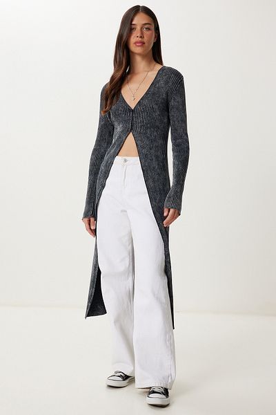 Happiness İstanbul Women's Anthracite Washed Long Knitwear Cardigan Ns00461