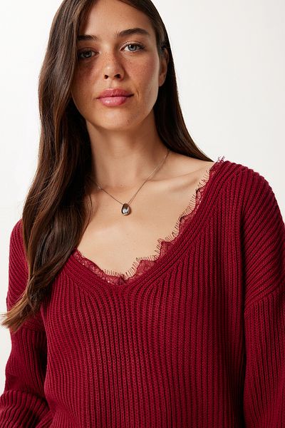 Happiness İstanbul Women's Burgundy Lace Detailed Knitwear Sweater Ki̇00141