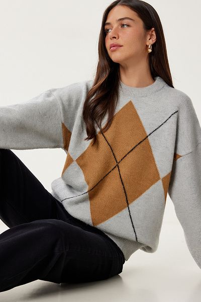 Happiness İstanbul Women's Gray Camel Diamond Patterned Knitwear Sweater Dd01366