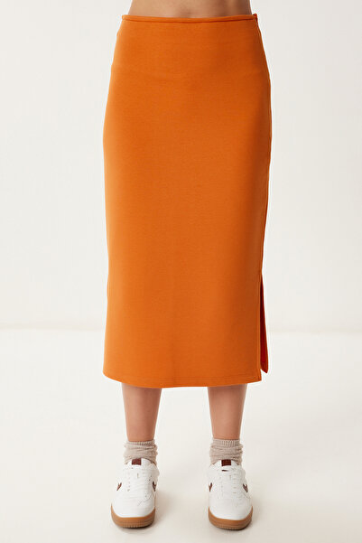 Happiness İstanbul Women's Orange Knitted Sweatshirt Skirt Set Rc00164