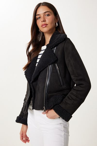 Happiness İstanbul Women's Black Faux Fur Nubuck Jacket Dd01371