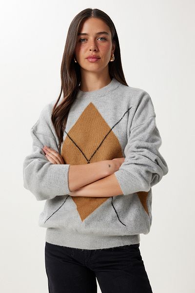 Happiness İstanbul Women's Gray Camel Diamond Patterned Knitwear Sweater Dd01366