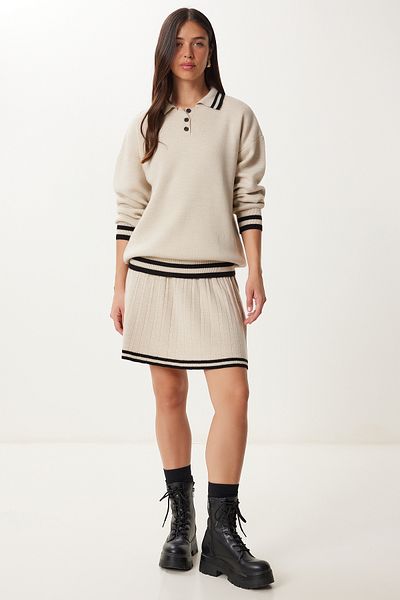 Happiness İstanbul Women's Stone Contrast Stripe Sweater Skirt Knitwear Set Ki̇00143