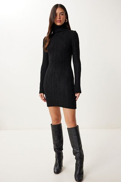 Happiness İstanbul Women's Black Turtleneck Mini Knitwear Dress Yy00259