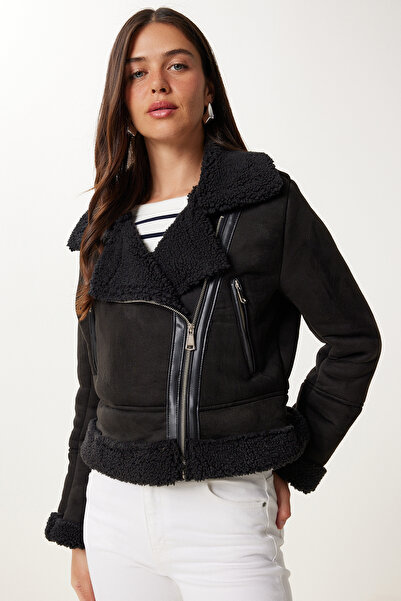 Happiness İstanbul Dámská černá bunda z umělé kožešiny Nubuk DD01371