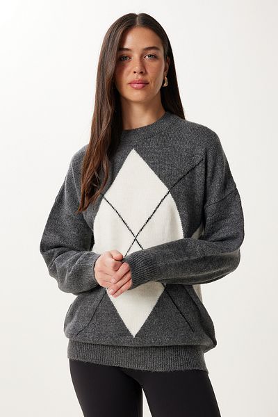 Happiness İstanbul Women's Anthracite Bone Diamond Patterned Knitwear Sweater Dd01366