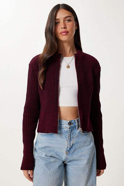 Happiness İstanbul Women's Burgundy Stand Collar Zippered Knitwear Cardigan Yy00249