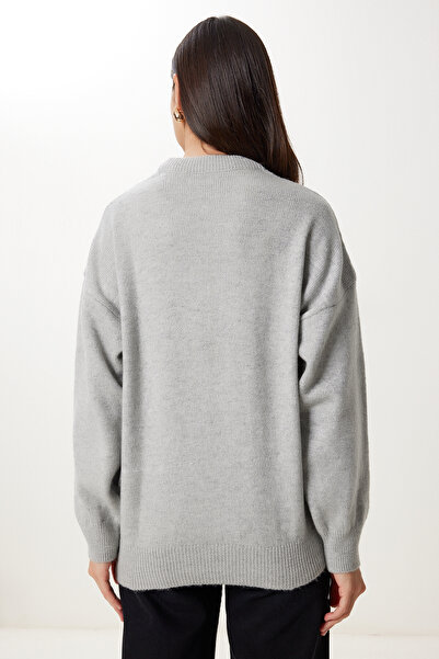 Happiness İstanbul Kadın Gri Camel Baklava Desenli Triko Kazak DD01366