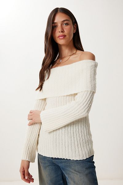 Happiness İstanbul Women's Bone Carmen Collar Textured Knitwear Sweater Yy00252