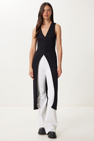 Happiness İstanbul Women's Black V-Neck Long Knitwear Vest Ub00410