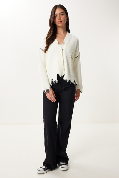 Happiness İstanbul Women's Bone Ripped Detailed Knitwear Cardigan Yy00254