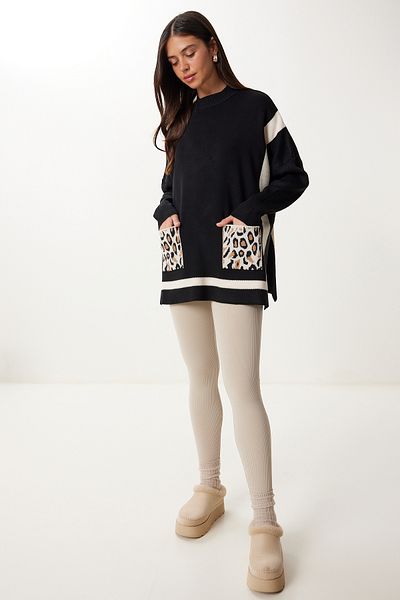 Happiness İstanbul Women's Black Leopard Pocket Contrast Color Knitwear Sweater Yy00258