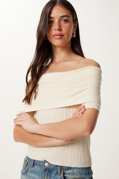 Happiness İstanbul Γυναικεία Κρέμα Πλεκτή Μπλούζα Carmen Collar MU00016