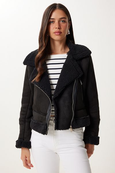 Happiness İstanbul Women's Black Faux Fur Nubuck Jacket Dd01371