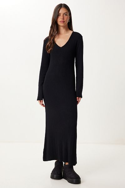 Happiness İstanbul Women's Black Long Stretchy Knitwear Dress Yy00247