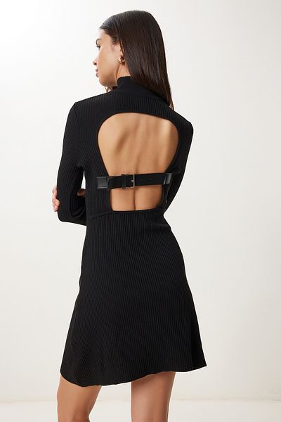 Happiness İstanbul Women's Black Mini Knitwear Dress with Back Belt Yy00255