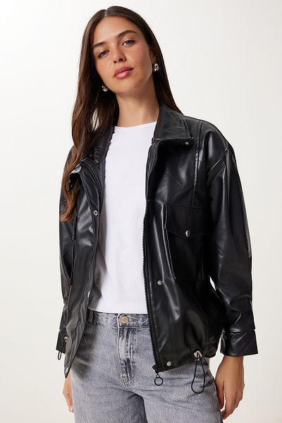 Happiness İstanbul Women's Black Wide Pocket Faux Leather Jacket Gz00004