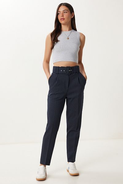 Happiness İstanbul Women's Navy Blue Striped Belted Woven Trousers Ub00411
