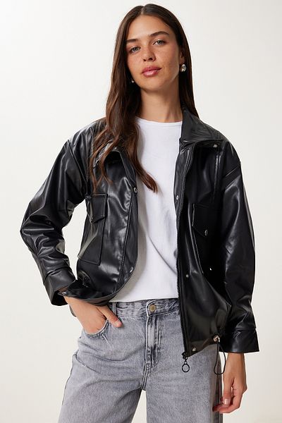 Happiness İstanbul Women's Black Wide Pocket Faux Leather Jacket Gz00004
