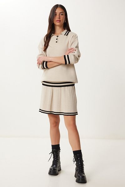 Happiness İstanbul Women's Stone Contrast Stripe Sweater Skirt Knitwear Set Ki̇00143