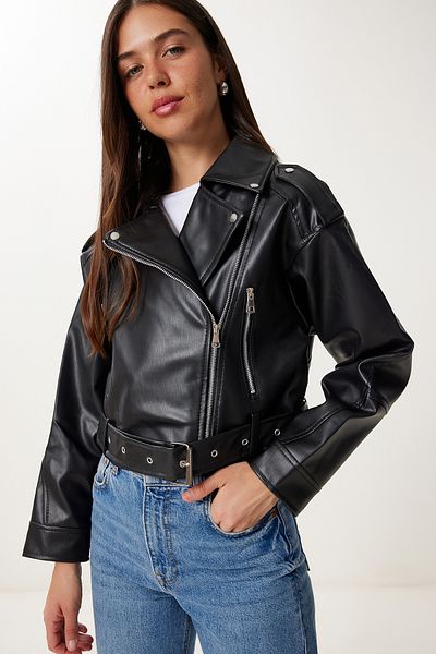 Happiness İstanbul Women's Black Belted Crop Faux Leather Jacket Gz00003
