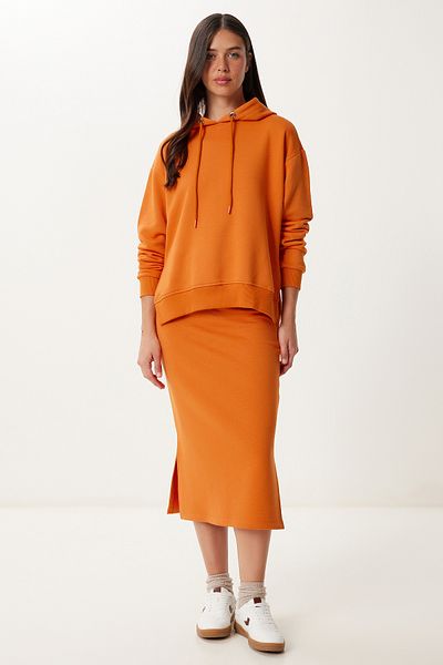 Happiness İstanbul Women's Orange Knitted Sweatshirt Skirt Set Rc00164