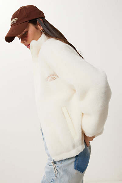 Happiness İstanbul Dámský vyšívaný plyšový kabát s kostěnou výšivkou DD01369