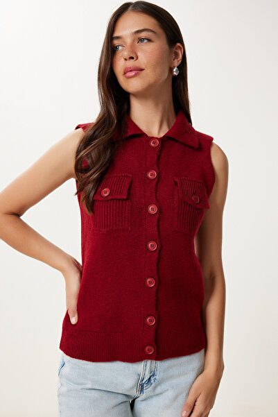 Happiness İstanbul Women's Burgundy Polo Neck Knitwear Vest Yy00244