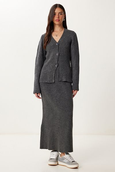 Happiness İstanbul Women's Anthracite Cardigan Skirt Knitwear Set Yy00245