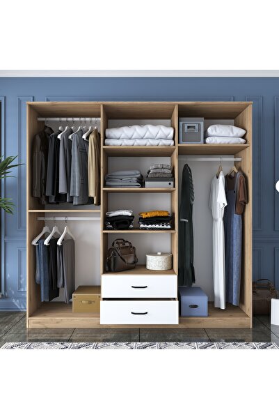 Rani Mobilya Rani BA130 Geniş Gardırop Elbise Dolabı Aynalı Kapaklı 2 Çekmeceli 3 Askılı Sepet Ceviz - Beyaz