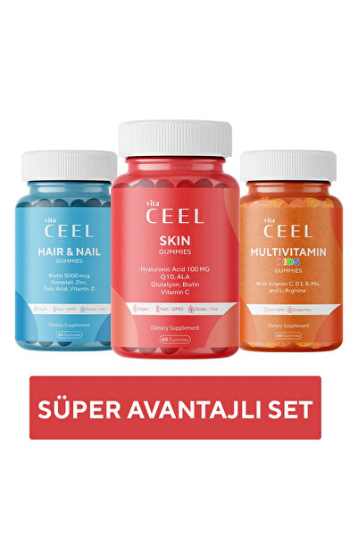 VitaCeel 3'lü Cilt Vitamini , Saç&Tırnak Vitamini ve Çocuk Vitamini Vegan Çiğnenebilir Gummy Vitamin
