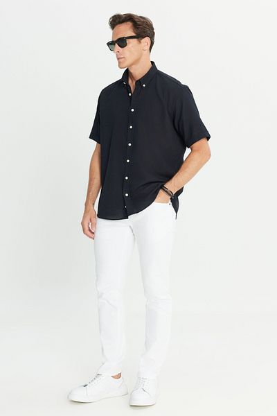 AC&Co / Altınyıldız Classics Ανδρικό μαύρο λινό πουκάμισο με 100% βαμβακερό γιακά με κουμπιά, άνετη εφαρμογή, άνετη εφαρμογή