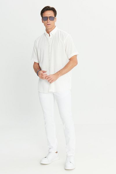 AC&Co / Altınyıldız Classics Ανδρικό λευκό λινό πουκάμισο με 100% βαμβακερό πέτο με κουμπιά, άνετη εφαρμογή, άνετη εφαρμογή