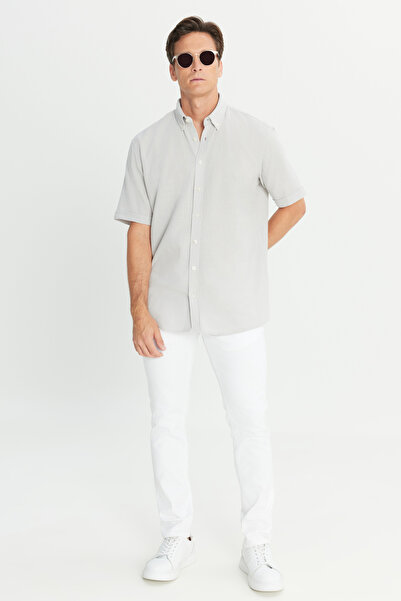 AC&Co / Altınyıldız Classics Men's Light Gray Linen Look 100% Cotton Dobby Button Collar Shirt Comfort Fit Relaxed Fit