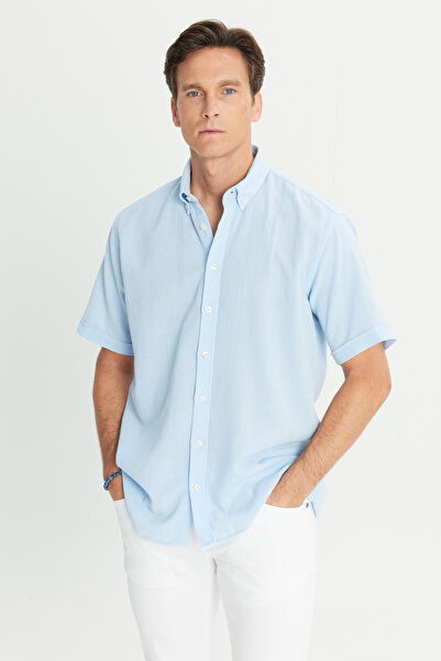 AC&Co / Altınyıldız Classics Men's Light Blue Linen Look 100% Cotton Dobby Button Collar Shirt Comfort Fit Relaxed Fit