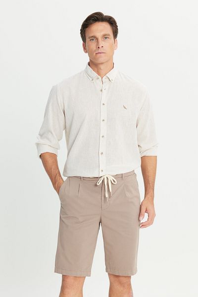 ALTINYILDIZ CLASSICS Ανδρικό μπεζ Comfort Fit Άνετο πουκάμισο με γιακά με κουμπιά και βαμβακερό εμπριμέ