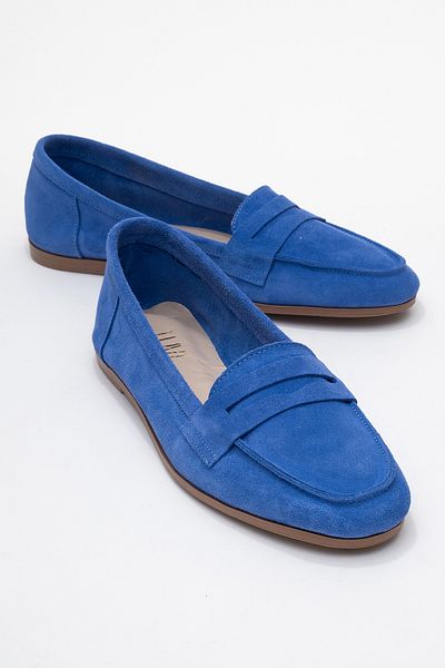 LuviShoes F02 Сини велурени дамски мокасини от естествена кожа