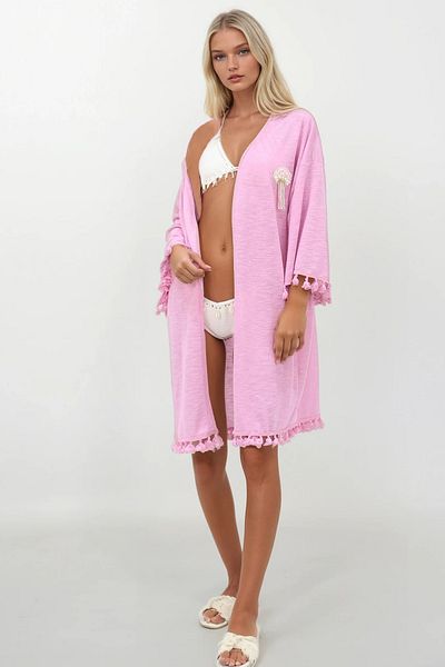 Trend Alaçatı Stili Fusta crinkle tricotată cu accesorii roz pentru femei și kimono cu ciucuri cu mâneci ALC-X14277