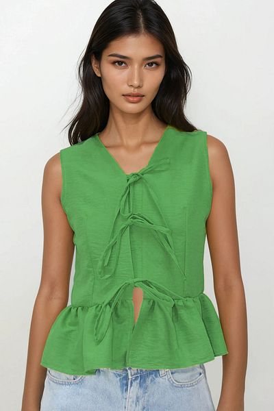 Trend Alaçatı Stili Women's Green V-Neck Bow Detailed Skirt Flounced Aerobin Blouse Alc-X14179