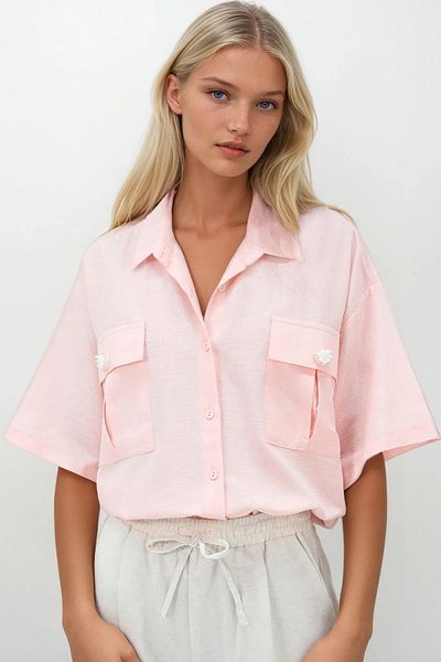 Trend Alaçatı Stili Women's Powder Pink Double Pocket Accessory Detailed Half Sleeve Linen Shirt Alc-X14269