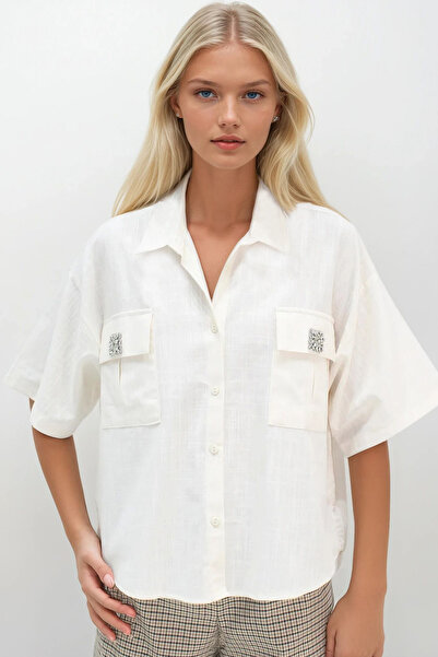 Trend Alaçatı Stili Women's Ecru Double Pocket Accessory Detailed Half Sleeve Linen Shirt Alc-X14269