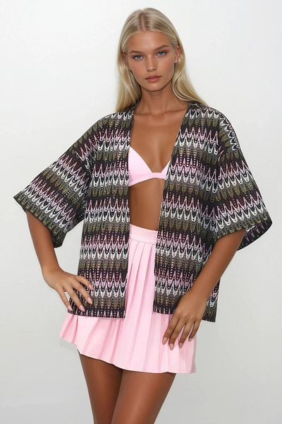 Trend Alaçatı Stili Damen-Kimono aus Guipure mit Lochmuster in Khaki, ALC-X14263