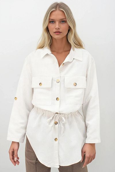 Trend Alaçatı Stili Women's Ecru Double Pocket Padded Linen Safari Shirt Jacket Alc-X14261