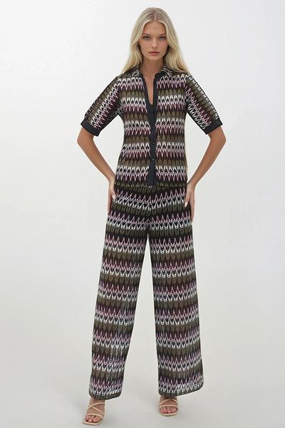 Trend Alaçatı Stili Women's Khaki Judge Collar Openwork Shirt and Lined Palazzo Pants Set Alc-X14255