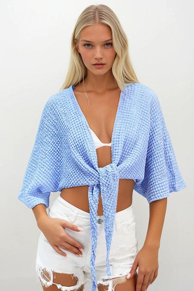 Trend Alaçatı Stili Γυναικεία Baby Blue Bat Sleeve με λεπτομέρεια μπλούζα με κορδόνια ALC-X14279