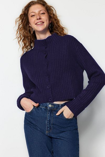 Trendyol Collection Navy Blue Crop Soft Textured Stand Collar Knitwear Cardigan Twoaw22Hi0174