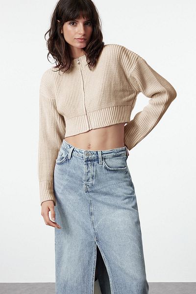 Trendyol Collection Stone Crop Wadding Zipper Detailed Knitwear Cardigan Twoaw25Hi00020
