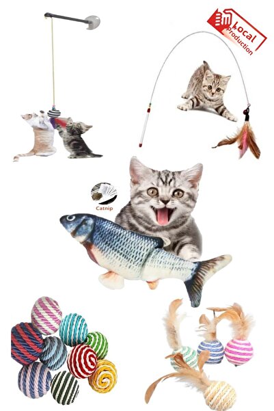 TİNEKE Set of 5 1 Piece 90 Cm Fishing Rod 1 Piece Furry Ball 1 Piece Suction Cup Fishing Rod 1 Piece Rope Wrap Ball 1 Piece Plush Fish