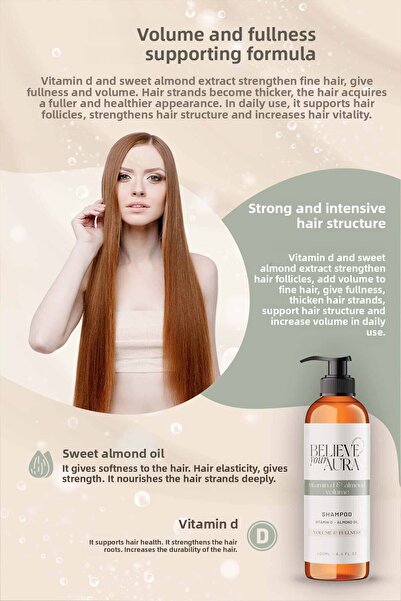 Believe Your Aura Sweet Almond Oil Shampoo - Volumizing and Plumping Natural Hair Care Shampoo with Vitamin D - 400 ml