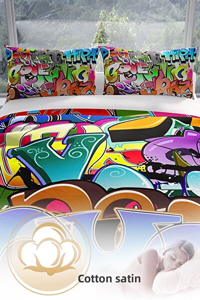 PerlaSera Graffiti 3d Cotton Satin Double Duvet Cover Set